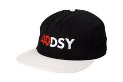 Odyssey 40DSY 5-Panel Hat (Black/White with Red/White Embroidery)